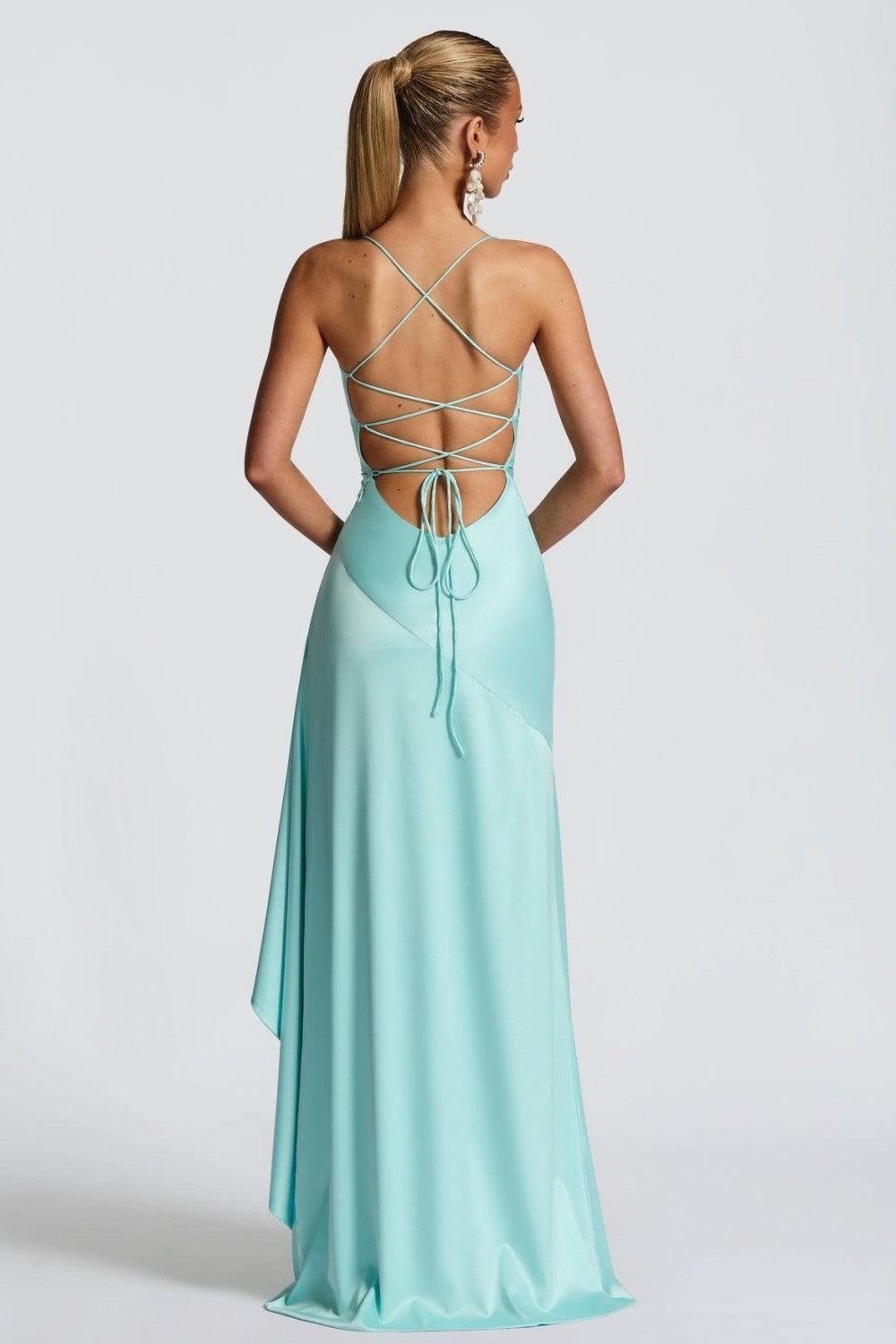 Suzhoufashion Satin Spaghetti Straps Aqua Blue Long Prom Dress With Ruffles Formal Evening Gown