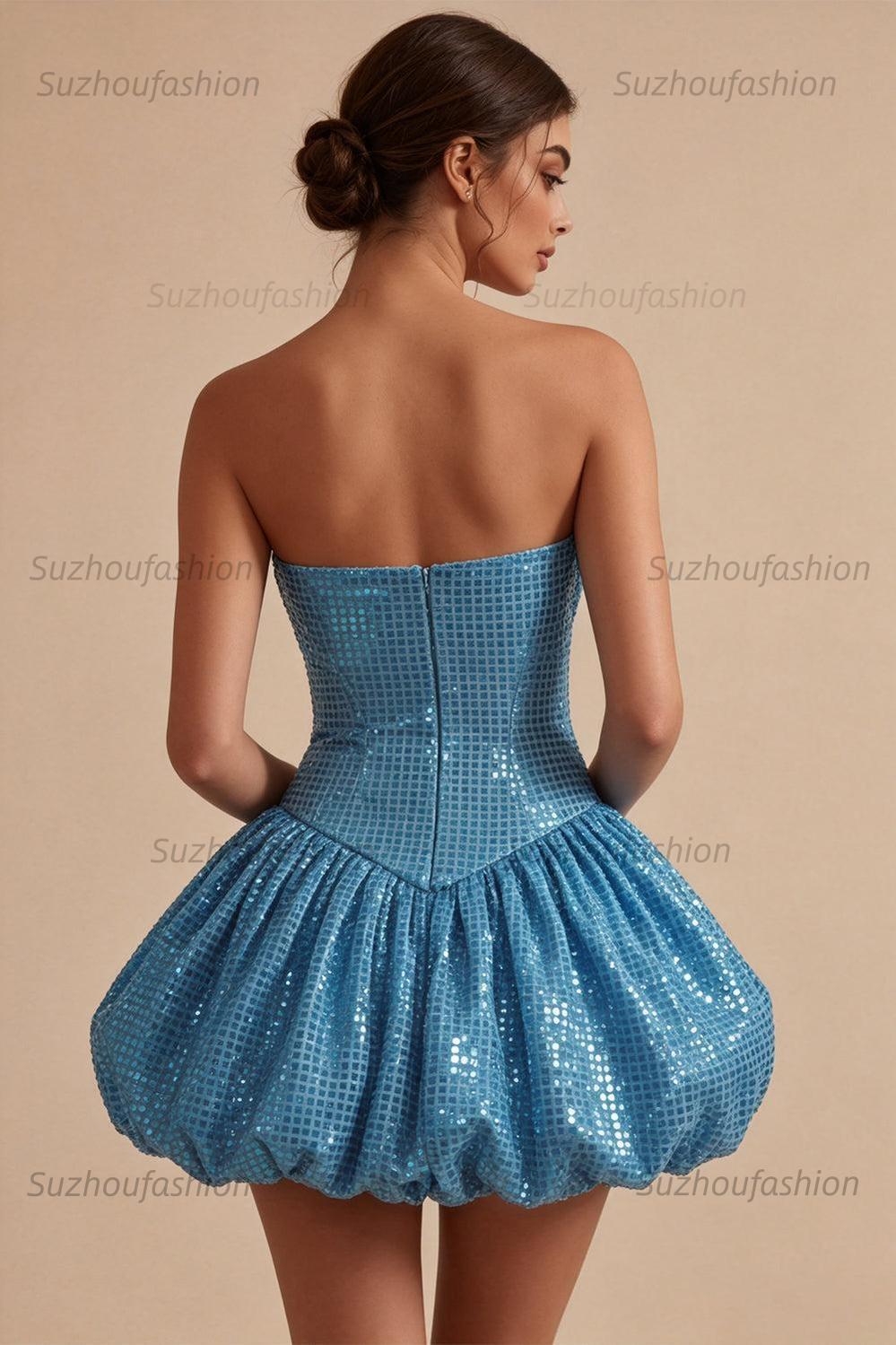 Suzhoufashion Sequin Blue A Line Strapless Bubble Short Homecoming Dress