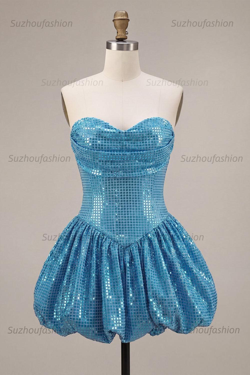Suzhoufashion Sequin Blue A Line Strapless Bubble Short Homecoming Dress
