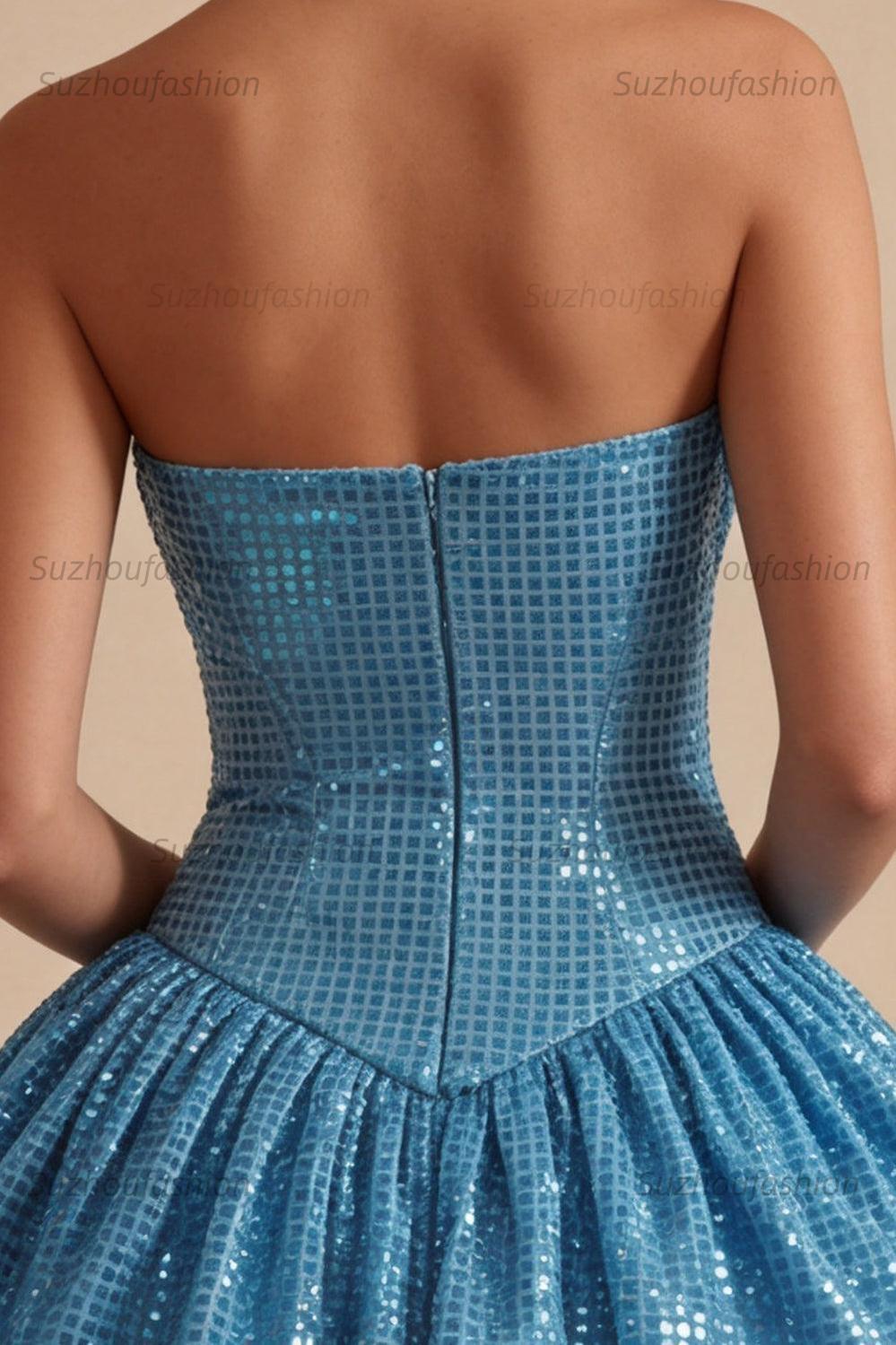 Suzhoufashion Sequin Blue A Line Strapless Bubble Short Homecoming Dress