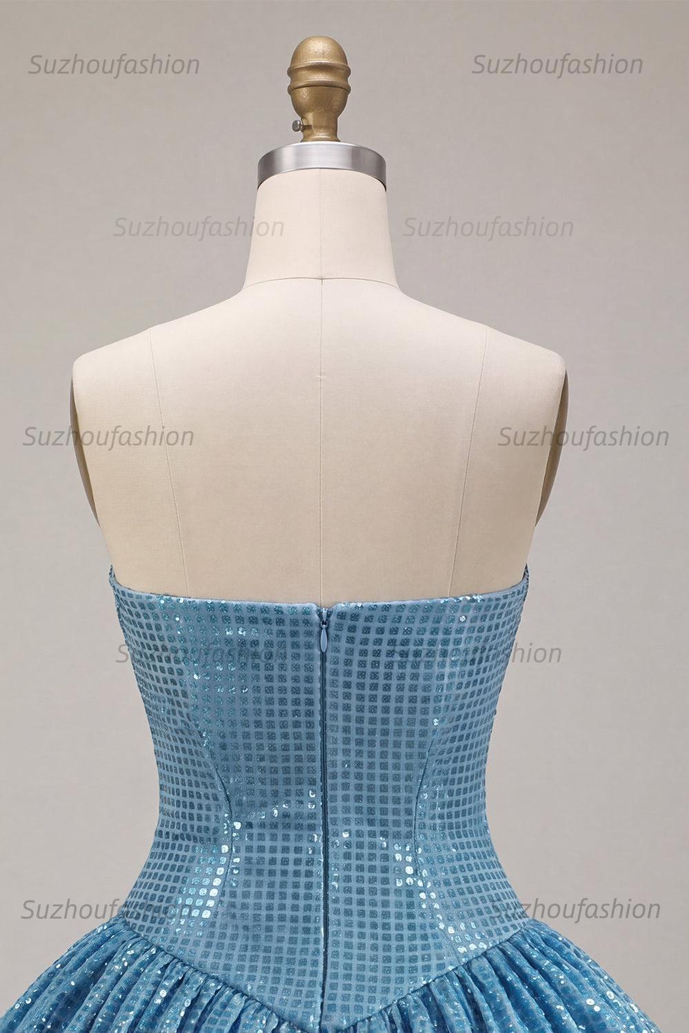 Suzhoufashion Sequin Blue A Line Strapless Bubble Short Homecoming Dress
