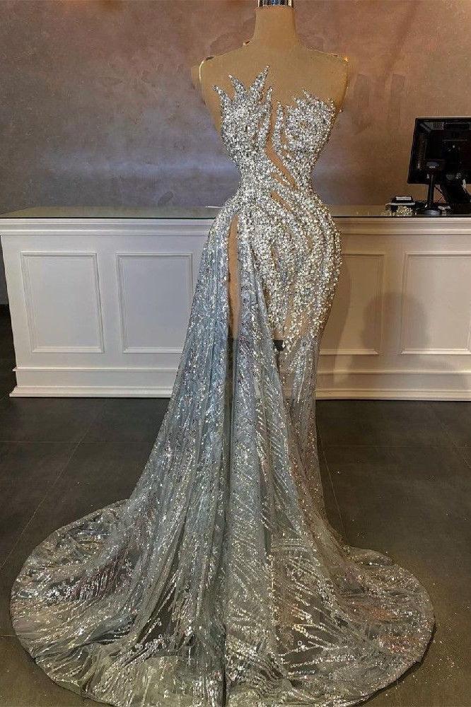 Suzhoufashion Sequined Prom Dress Silver Mermaid Formal Dress with Slit