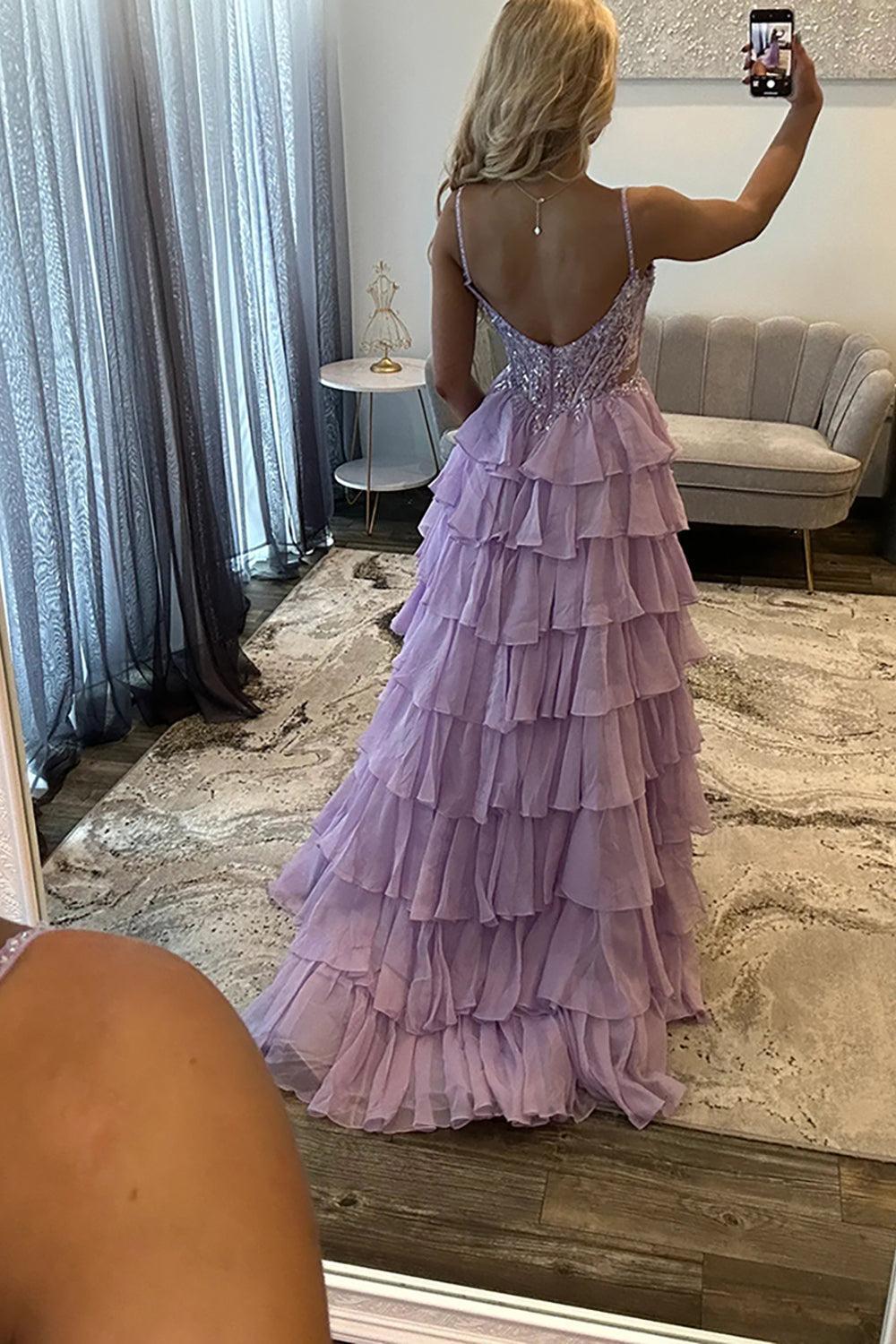 Suzhoufashion Sequins Ruffled Prom Dress Chiffon Lilac Corset Long Formal Dress With Slit