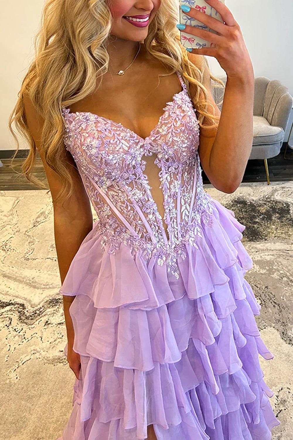 Suzhoufashion Sequins Ruffled Prom Dress Chiffon Lilac Corset Long Formal Dress With Slit