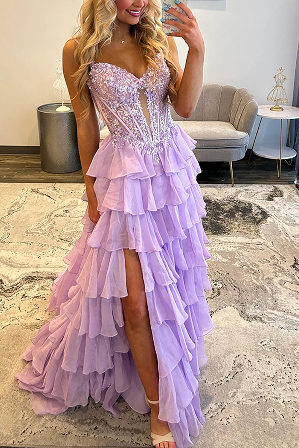 Suzhoufashion Sequins Ruffled Prom Dress Chiffon Lilac Corset Long Formal Dress With Slit