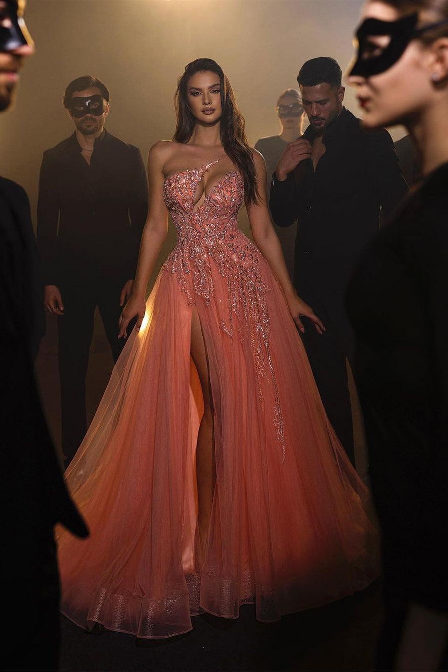 Suzhoufashion Sexy Long A-line Pink Sleeveless One-Shoulder Tulle Evening Gowns With Rhinestone