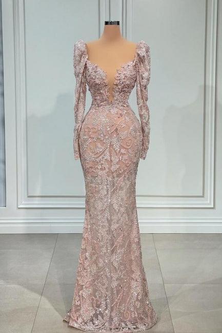 Suzhoufashion Sexy Pink V-neck Lace Mermaid Prom Dress Evening Gowns With Long Sleeves