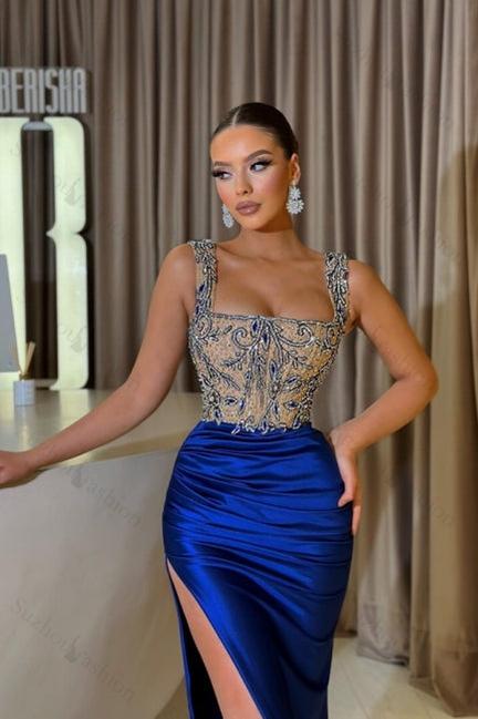 Suzhoufashion Sheath Royal Blue Straps Slit Front Square Sleeveless Jewelry Ruffles Long Satin Prom Dresses with Beadings