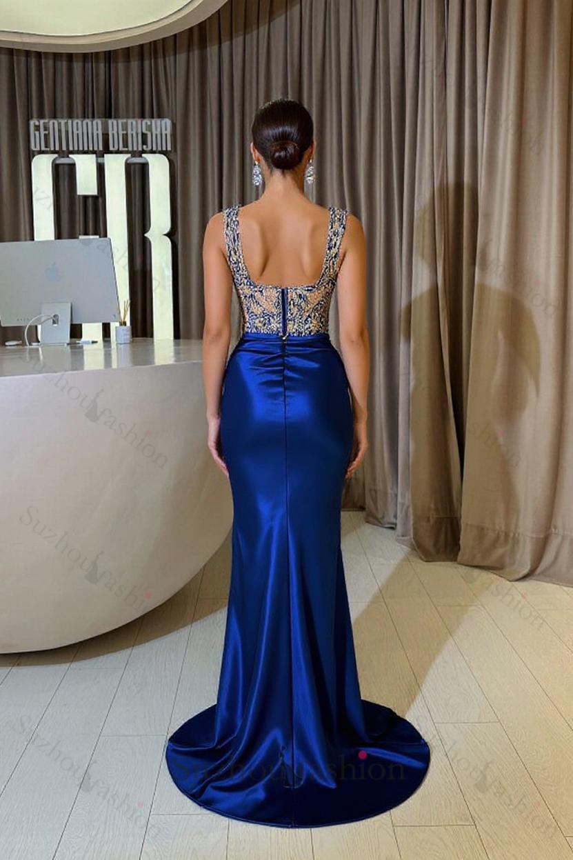Suzhoufashion Sheath Royal Blue Straps Slit Front Square Sleeveless Jewelry Ruffles Long Satin Prom Dresses with Beadings