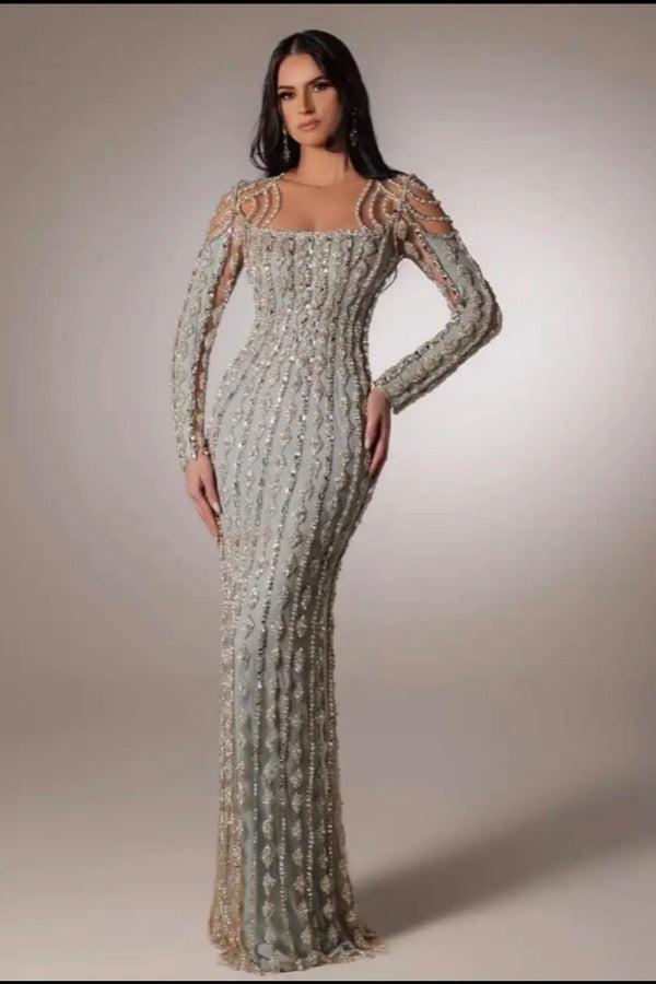 Suzhoufashion Silver Long Sleeve Formal Dress Beaded Rhinestones Prom Evening Gown