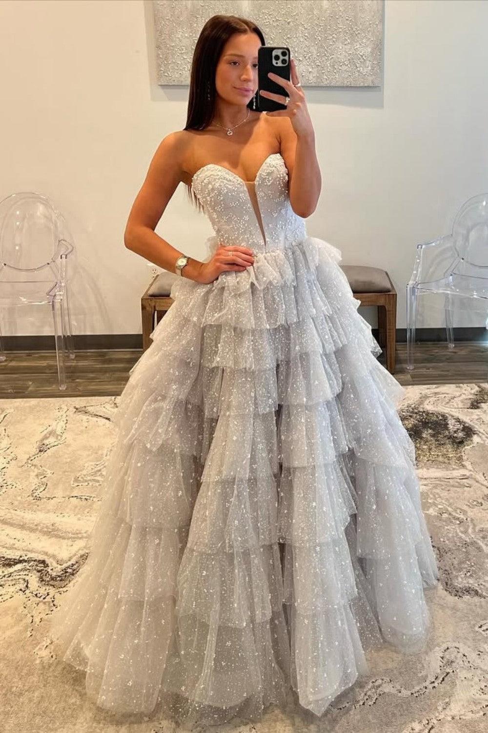 Suzhoufashion Silver Sparkling A-Line Sweetheart Ruffle Layer Prom Ball Gown Formal Evening Gown