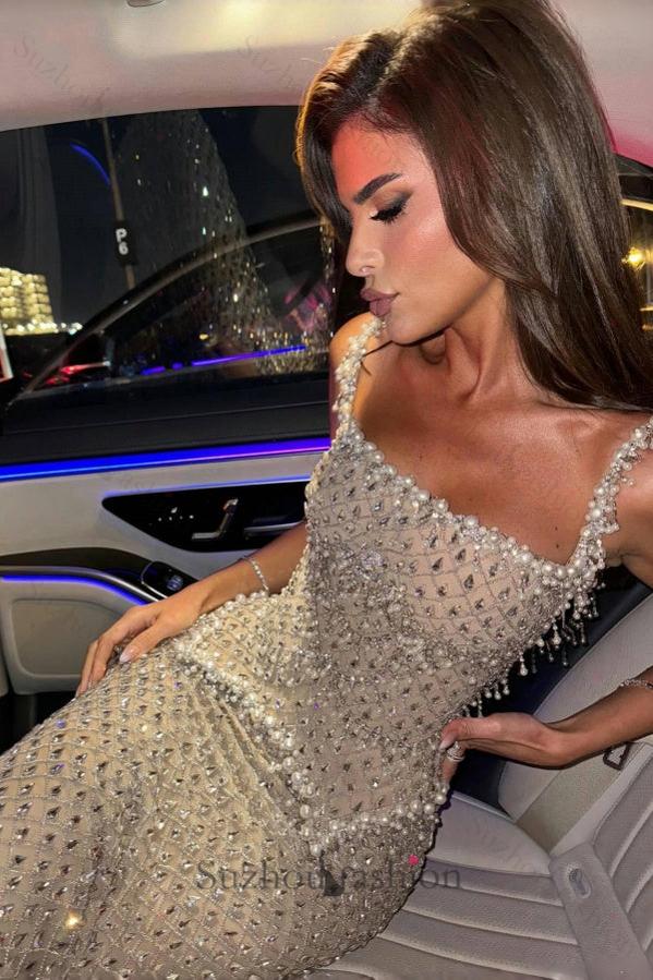 Suzhoufashion Silver Square Neck Formal Dress Beaded Rhinestones Prom Evening Gown