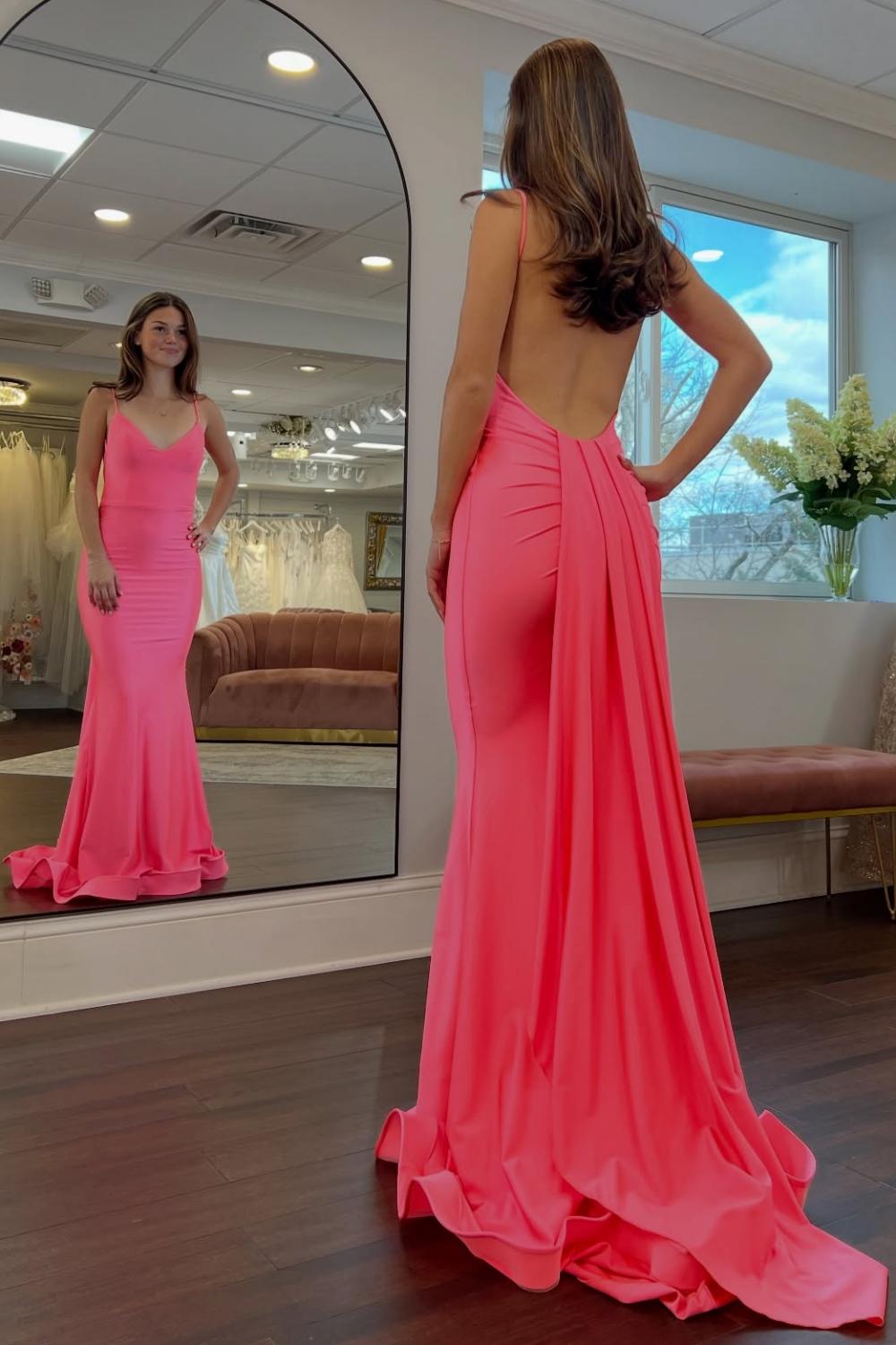Suzhoufashion Simple Mermaid Spaghetti Straps Candy Pink Long Prom Dress With Train Formal Evening Gown