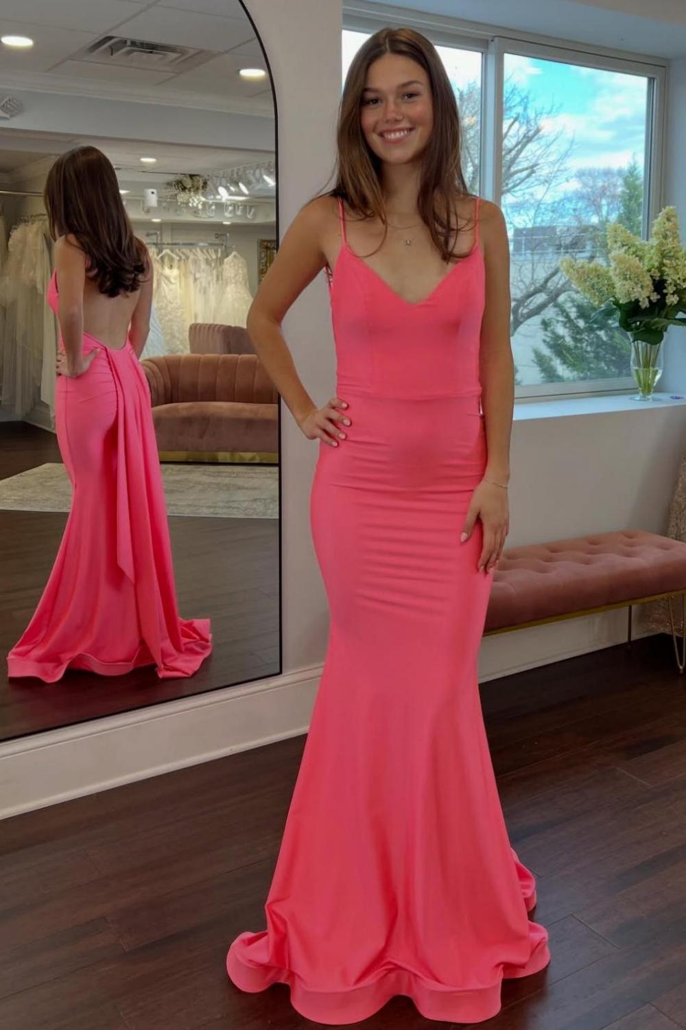 Suzhoufashion Simple Mermaid Spaghetti Straps Candy Pink Long Prom Dress With Train Formal Evening Gown