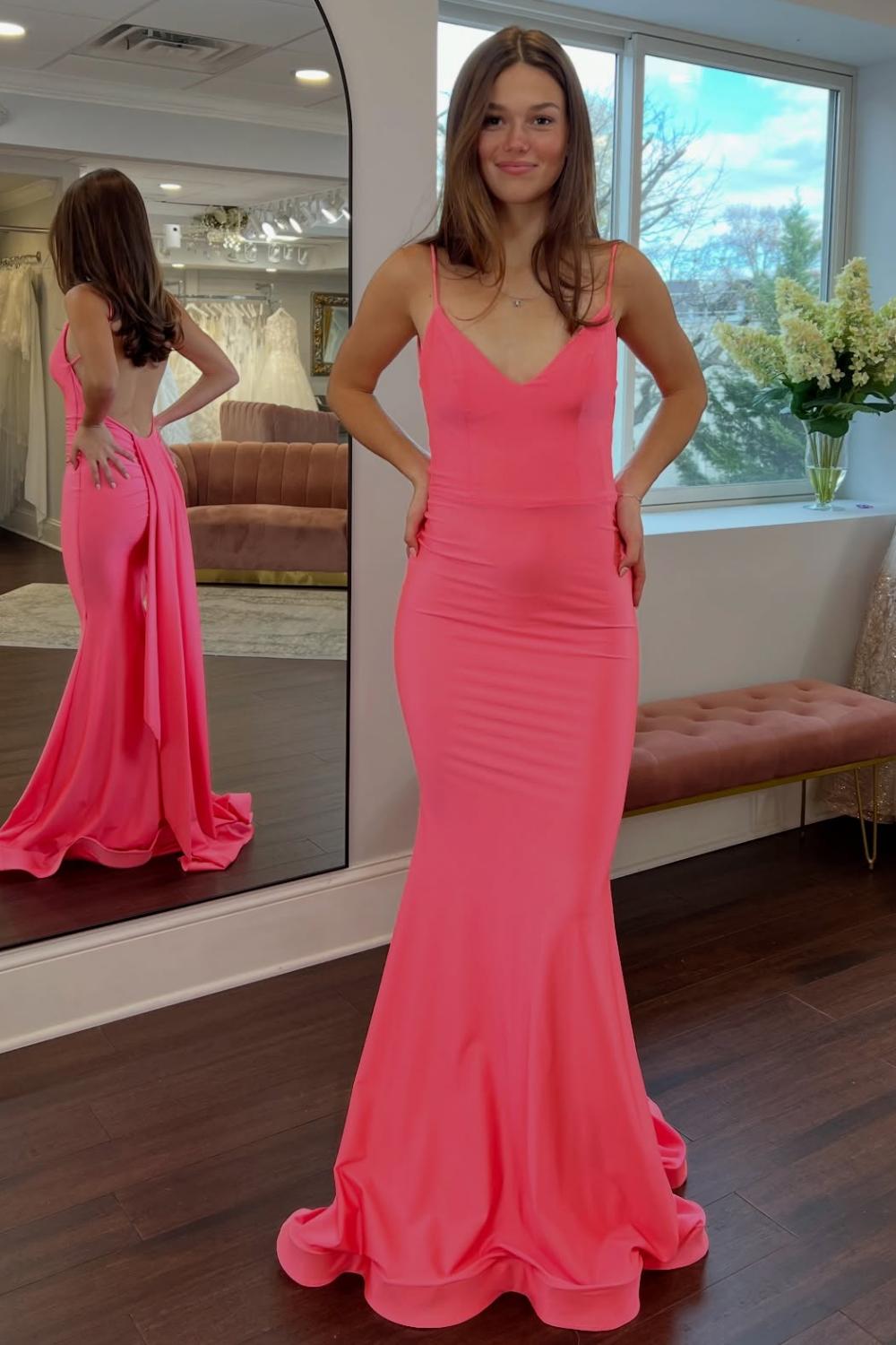 Suzhoufashion Simple Mermaid Spaghetti Straps Candy Pink Long Prom Dress With Train Formal Evening Gown