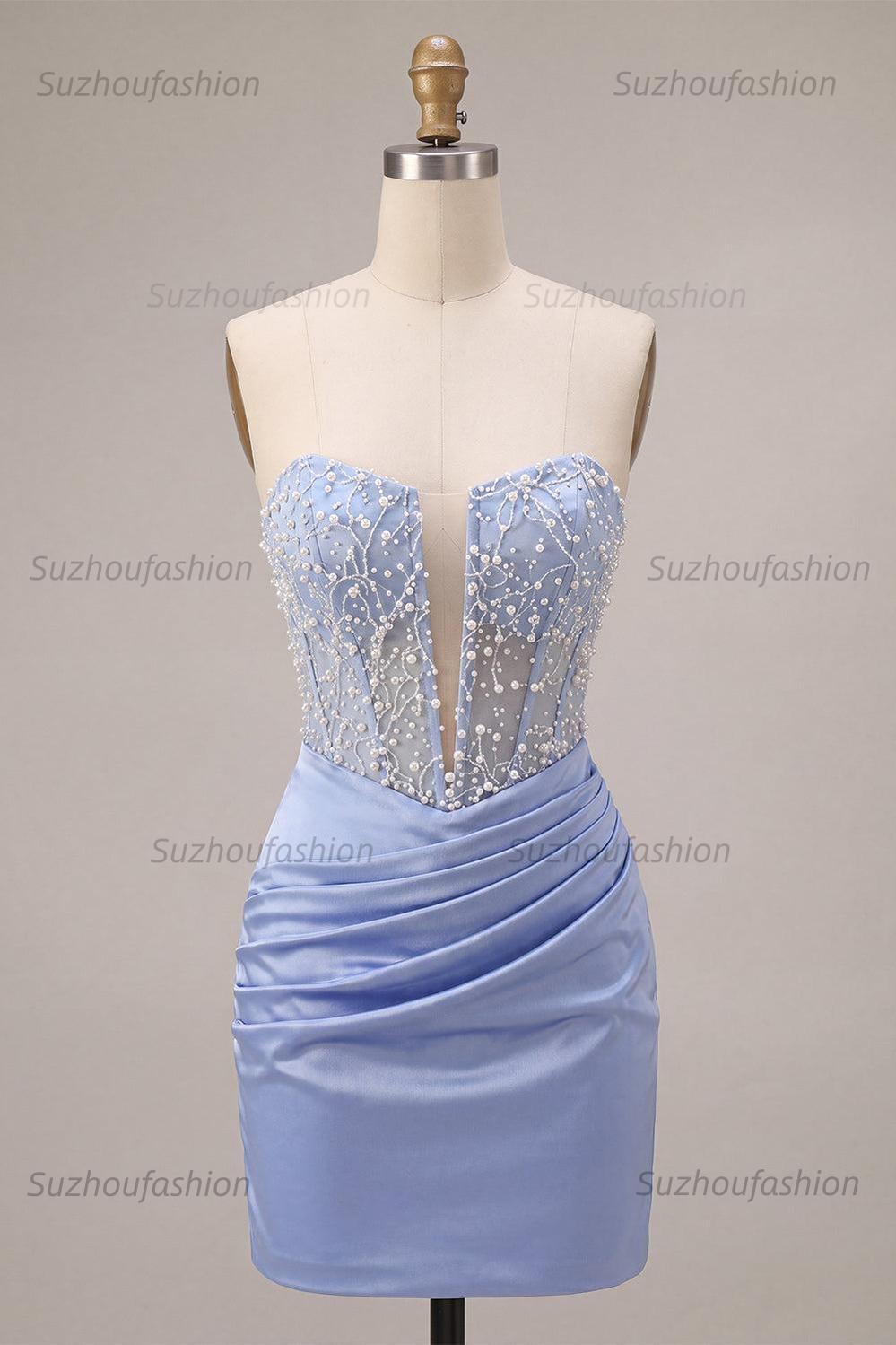 Suzhoufashion Sky Blue Beaded Strapless Tight Short Corset Homecoming Dress