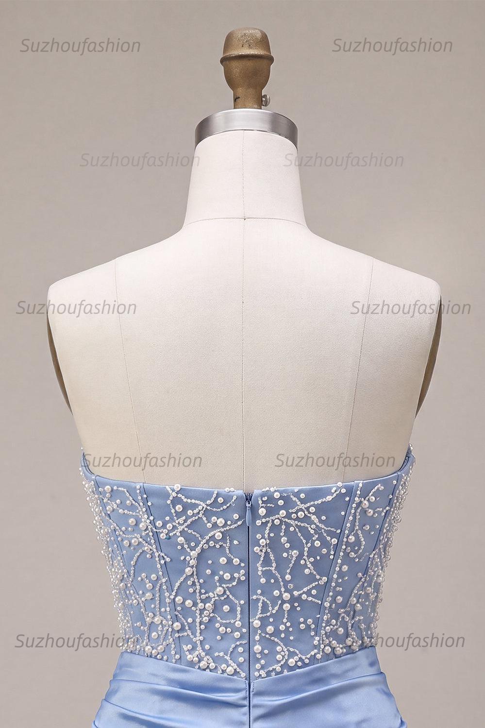 Suzhoufashion Sky Blue Beaded Strapless Tight Short Corset Homecoming Dress