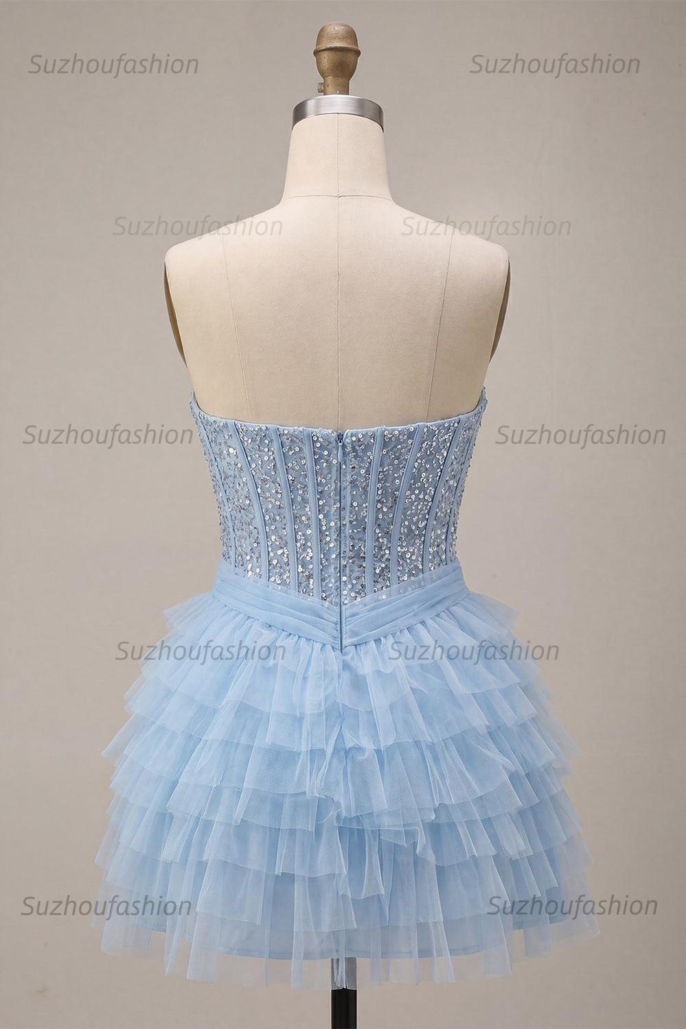 Suzhoufashion Sky Blue Corset Tiered Sequin Ruffled Short Homecoming Dress