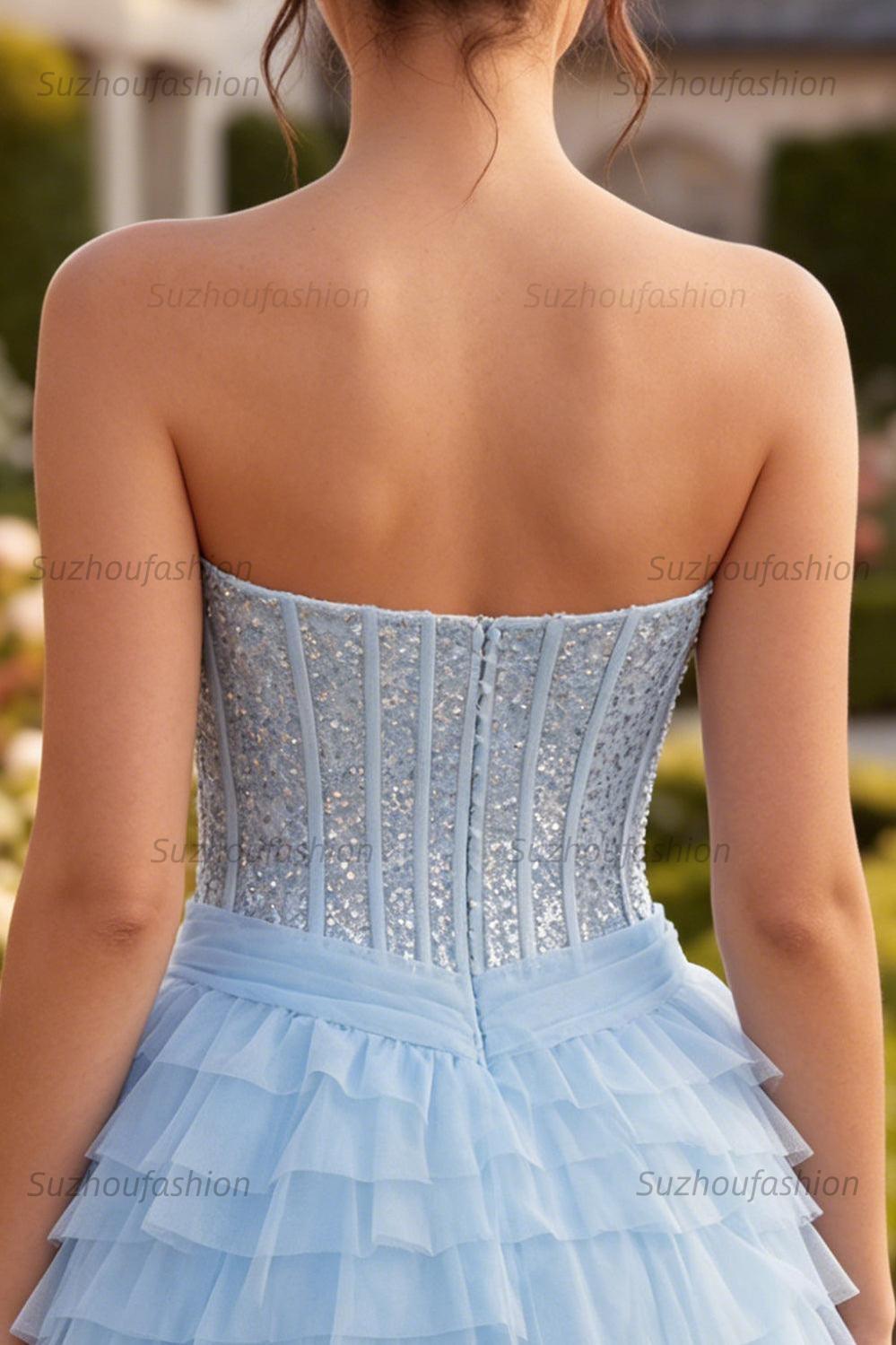 Suzhoufashion Sky Blue Corset Tiered Sequin Ruffled Short Homecoming Dress