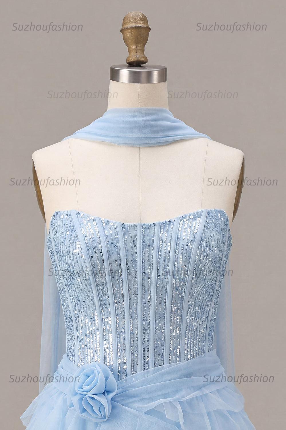Suzhoufashion Sky Blue Corset Tiered Sequin Ruffled Short Homecoming Dress
