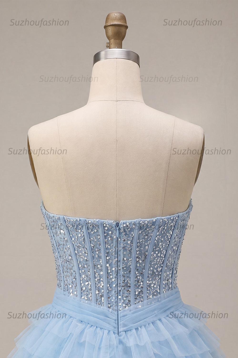 Suzhoufashion Sky Blue Corset Tiered Sequin Ruffled Short Homecoming Dress