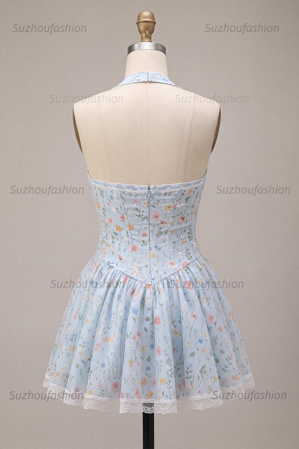 Suzhoufashion Sky Blue Floral A Line Halter Corset Short Homecoming Dress with Lace