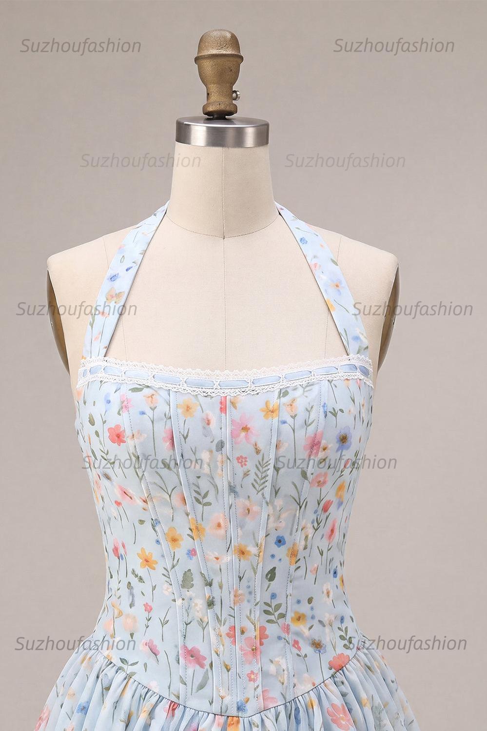 Suzhoufashion Sky Blue Floral A Line Halter Corset Short Homecoming Dress with Lace