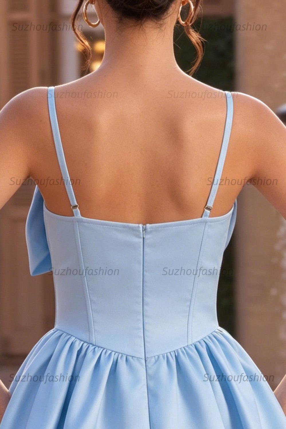 Suzhoufashion Sky Blue Satin A Line Corset Short Homecoming Dress with Bow