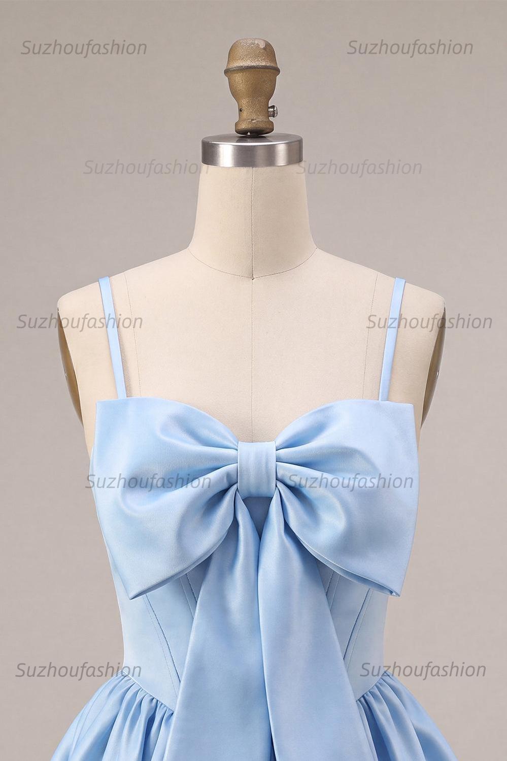 Suzhoufashion Sky Blue Satin A Line Corset Short Homecoming Dress with Bow