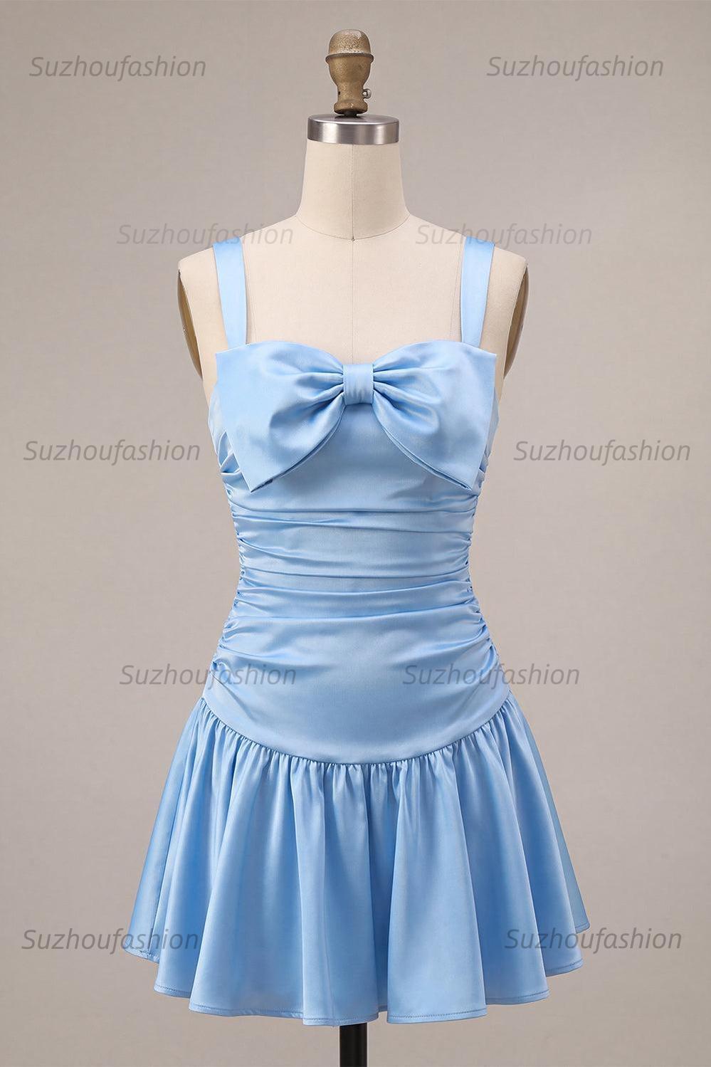 Suzhoufashion Sky Blue Satin Ruched A Line Short Homecoming Dress with Bow