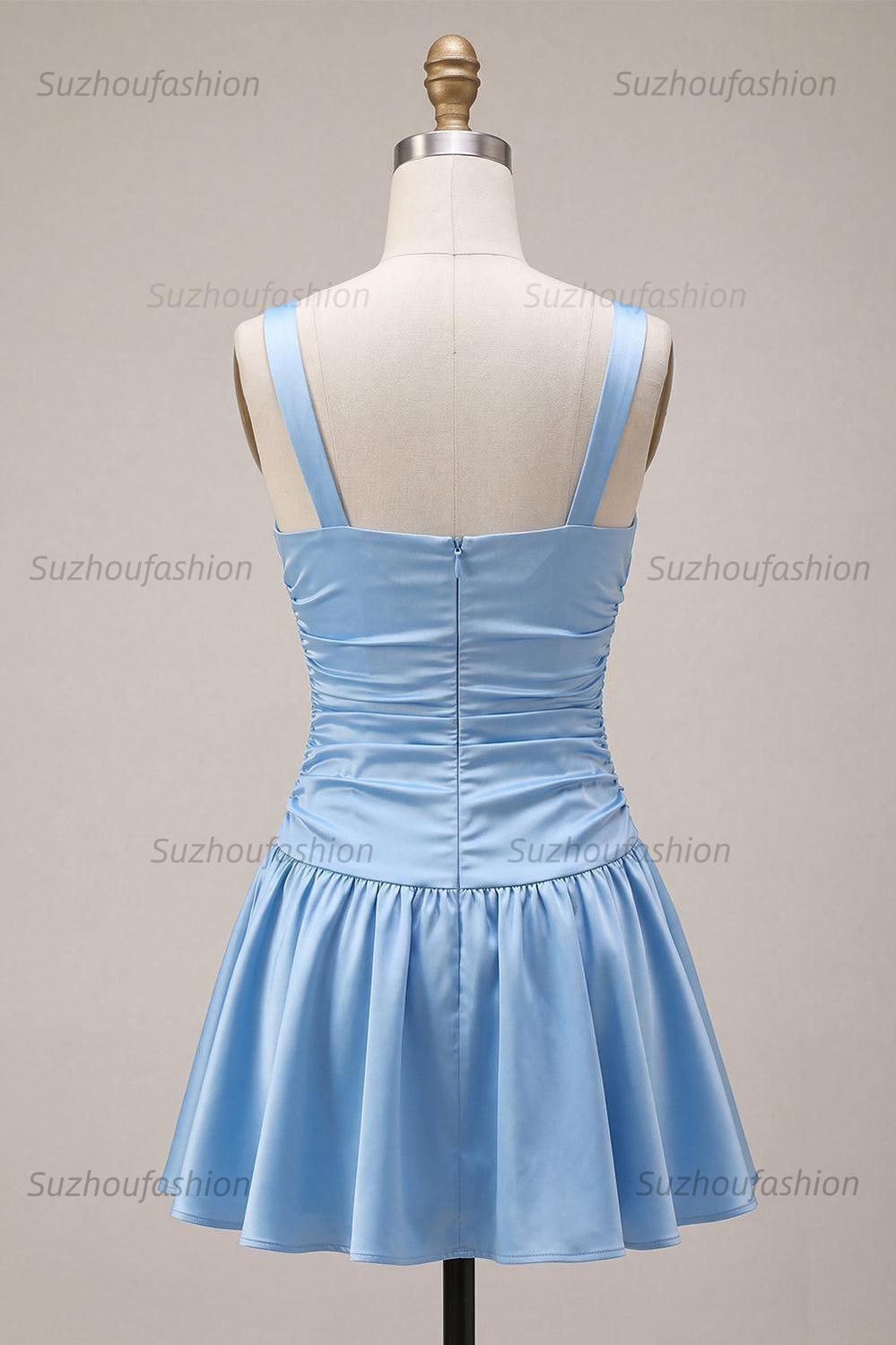 Suzhoufashion Sky Blue Satin Ruched A Line Short Homecoming Dress with Bow