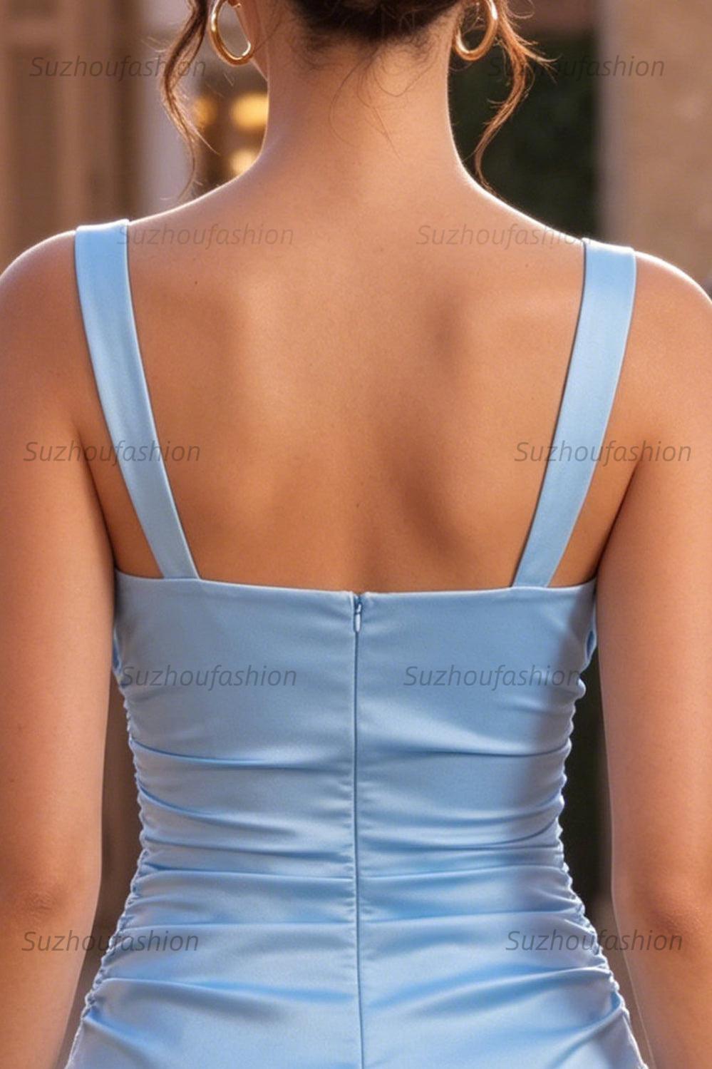 Suzhoufashion Sky Blue Satin Ruched A Line Short Homecoming Dress with Bow