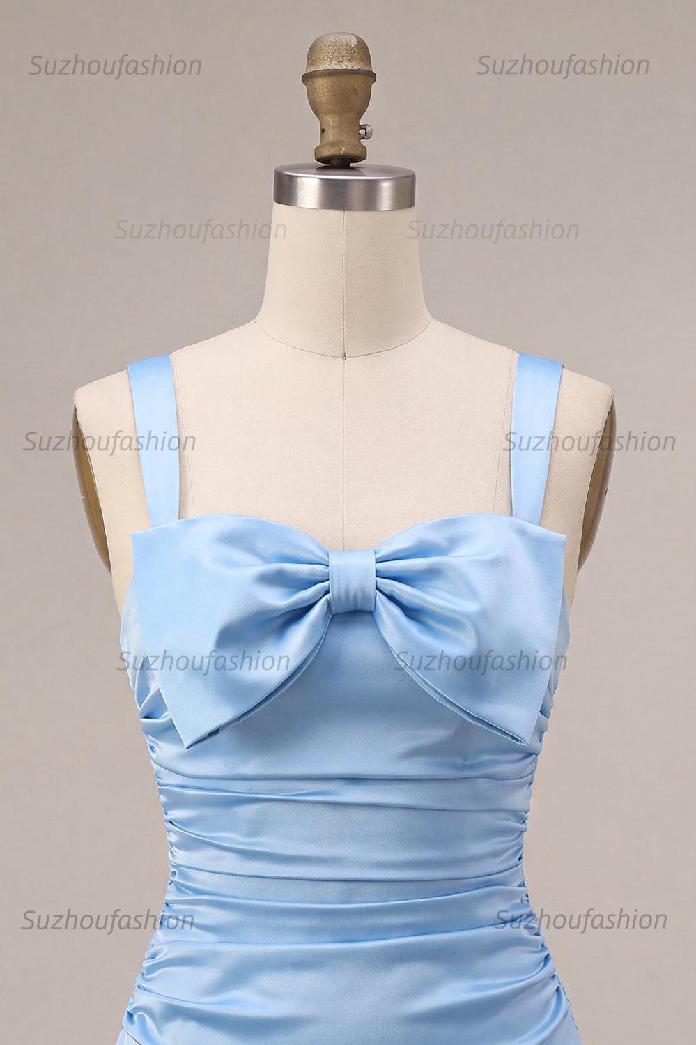 Suzhoufashion Sky Blue Satin Ruched A Line Short Homecoming Dress with Bow