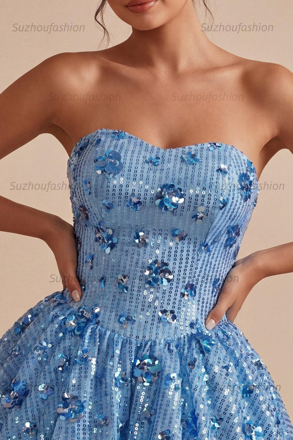 Suzhoufashion Sky Blue Strapless Sequin Floral A-Line Short Homecoming Dress