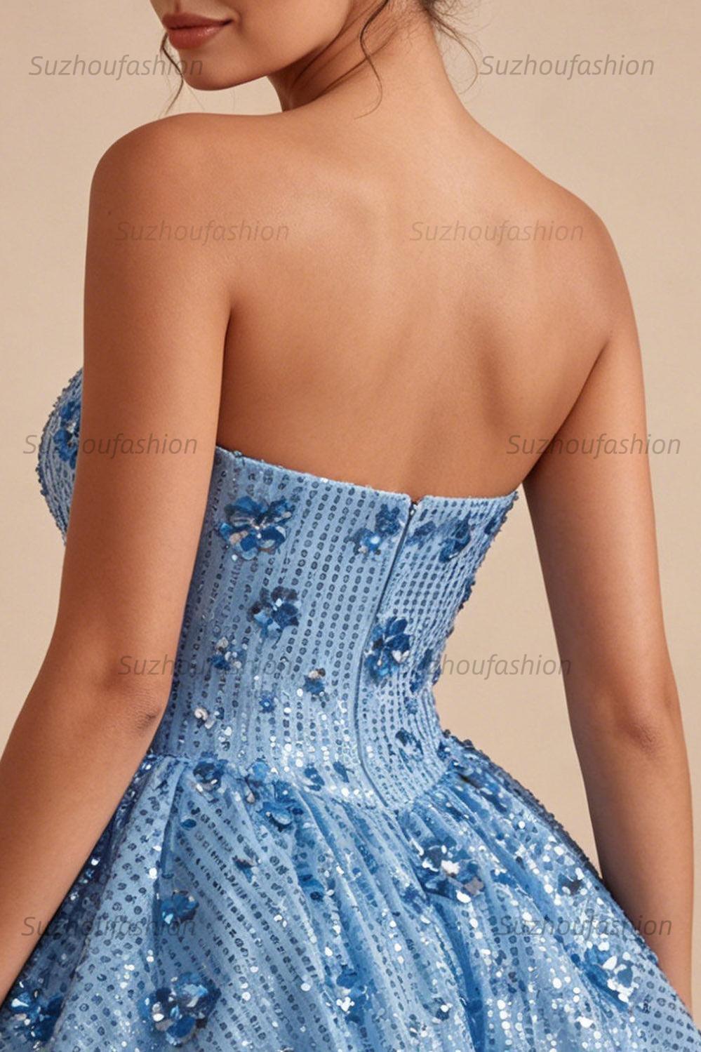 Suzhoufashion Sky Blue Strapless Sequin Floral A-Line Short Homecoming Dress