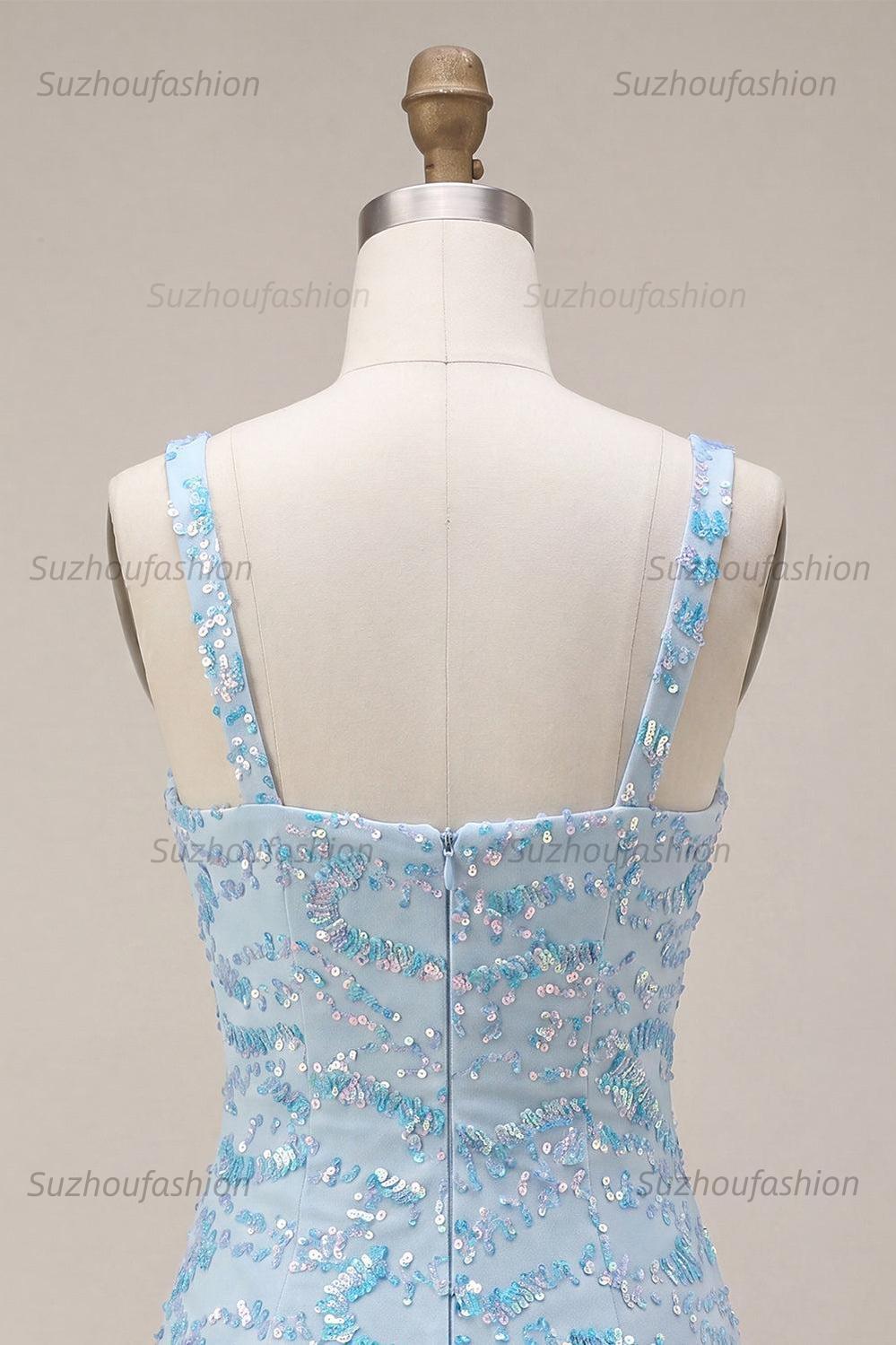 Suzhoufashion Sky Blue Tight Sequin Short Homecoming Dress with Slit