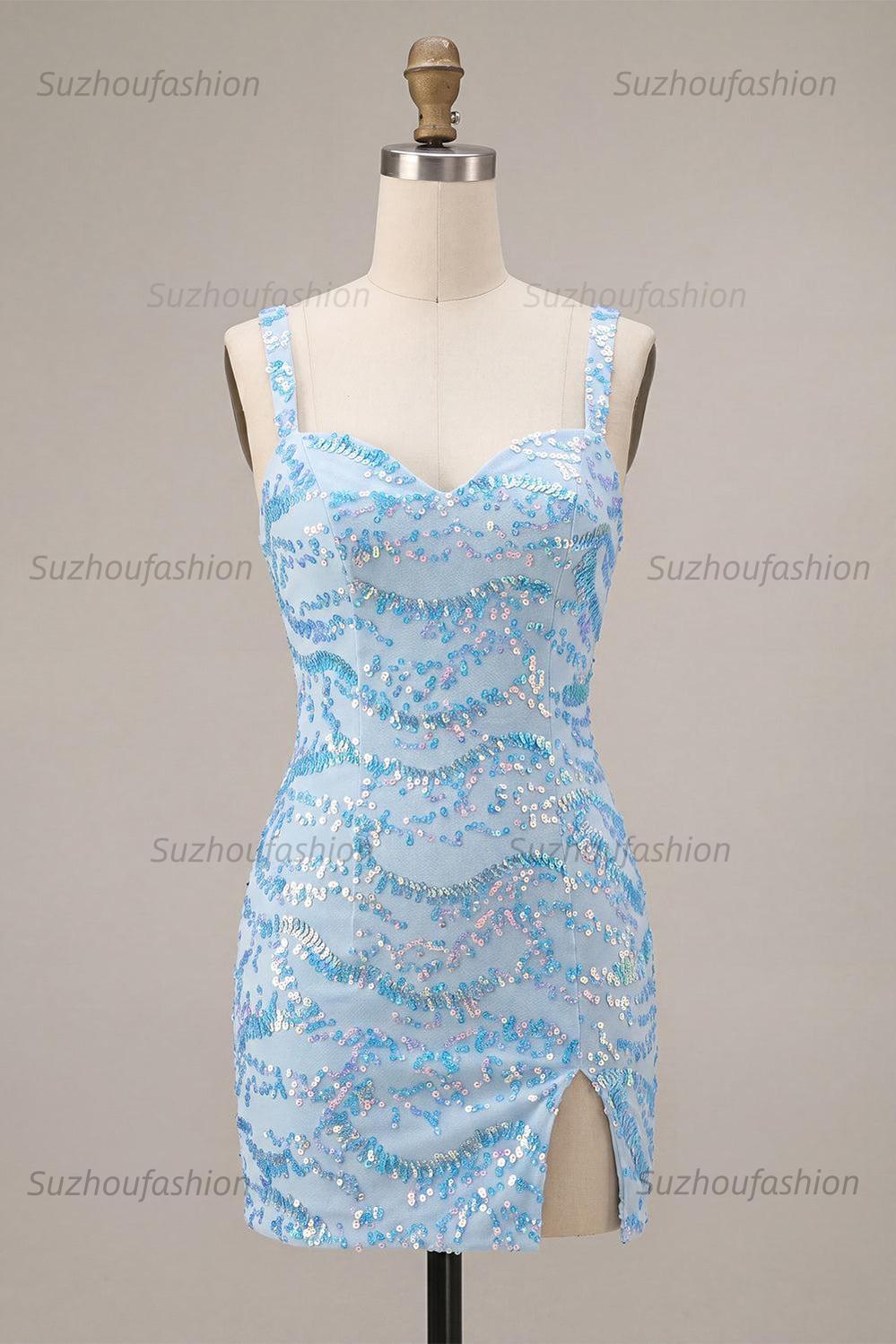 Suzhoufashion Sky Blue Tight Sequin Short Homecoming Dress with Slit