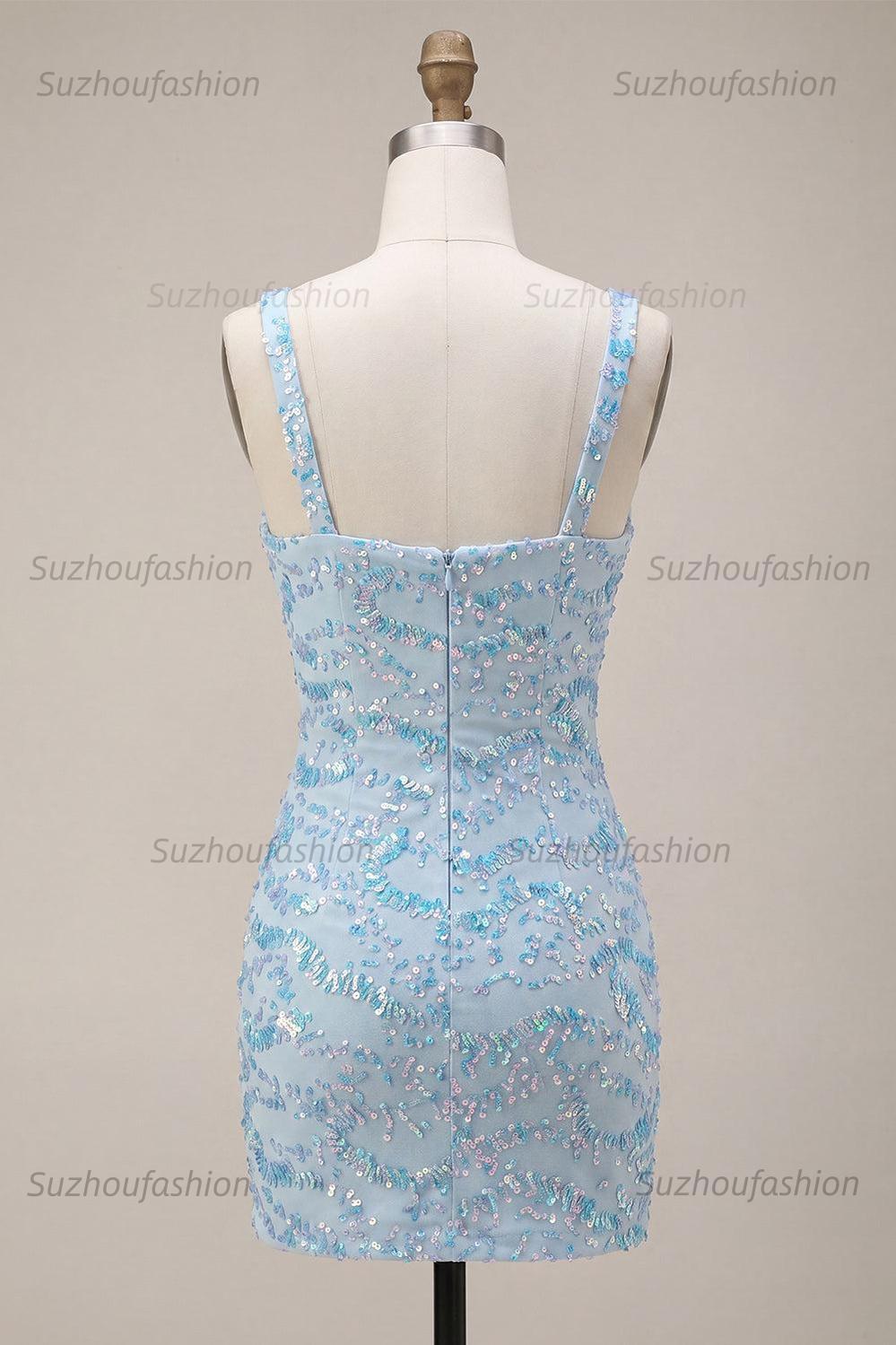 Suzhoufashion Sky Blue Tight Sequin Short Homecoming Dress with Slit