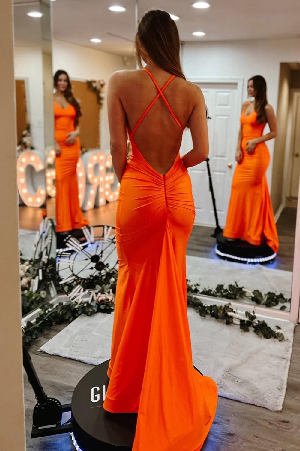 Suzhoufashion Sleek Orange Mermaid Gown With Criss Cross Back And Smooth Satin Finish Prom Dress Formal Evening Gown