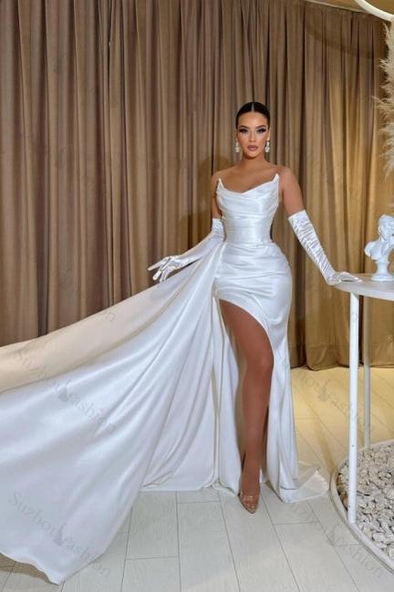 Suzhoufashion Sleeveless Strapless Charmeuse Slit Front Satin Prom Dresses with Ruffles