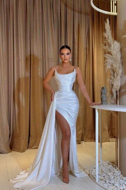 Suzhoufashion Sleeveless Strapless Charmeuse Slit Front Satin Prom Dresses with Ruffles