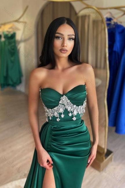 Suzhoufashion Slit Front Dark Green Satin Sweetheart Sleeveless Prom Dresses with Beadings