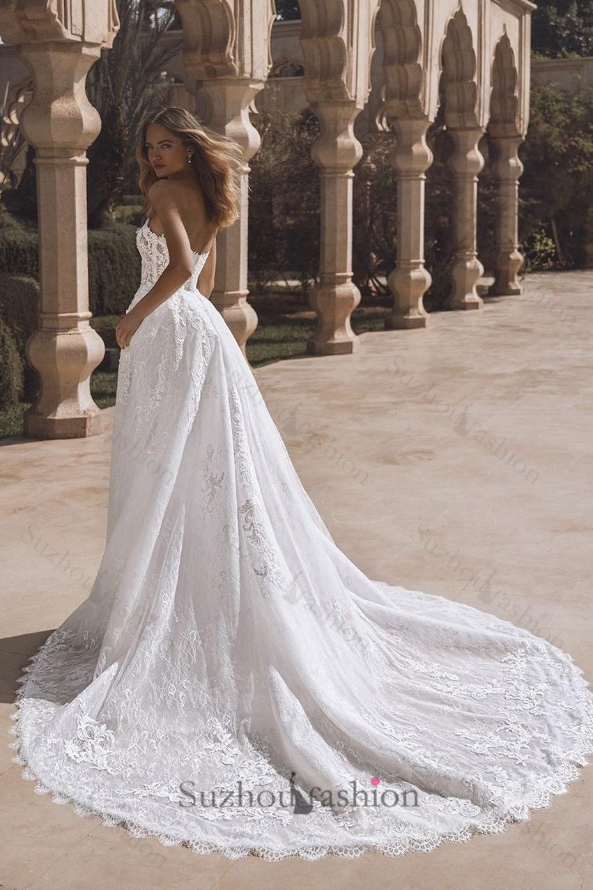 Suzhoufashion Strapless Beach Wedding Dress Corset Lace Appliques Bridal Gown with Detachable Train