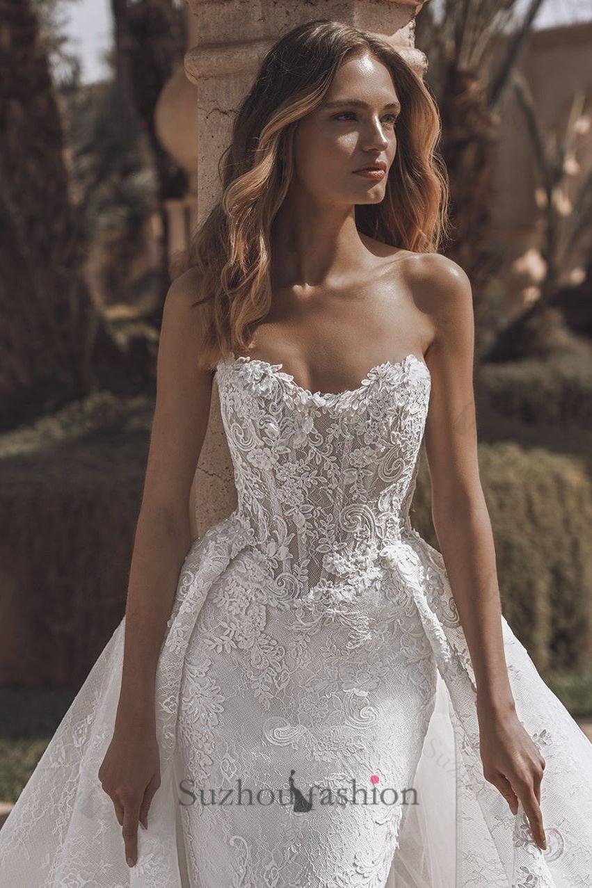 Suzhoufashion Strapless Beach Wedding Dress Corset Lace Appliques Bridal Gown with Detachable Train