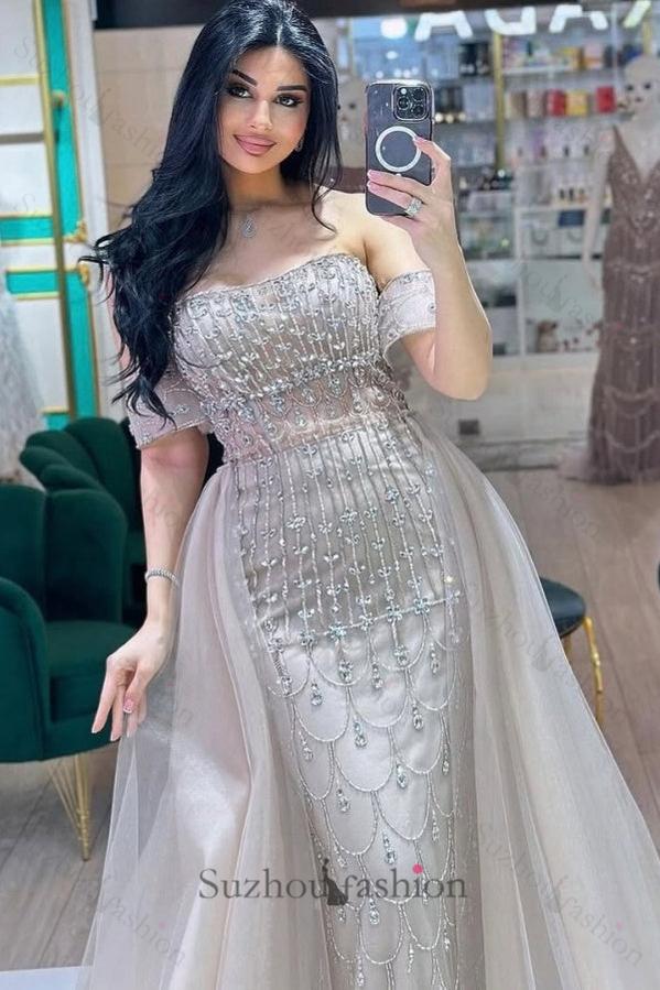 Suzhoufashion Strapless Beaded Formal Dress Off the Shoulder Evening Gown With Detachable Train