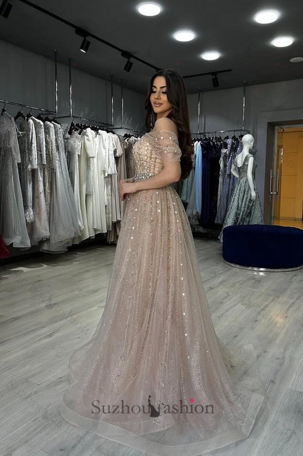 Suzhoufashion Strapless Beaded Formal Dress Off the Shoulder Evening Gown With Detachable Train