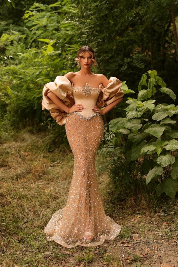 Suzhoufashion Strapless Formal Dress Mermaid Beaded Evening Gown with Sleeves