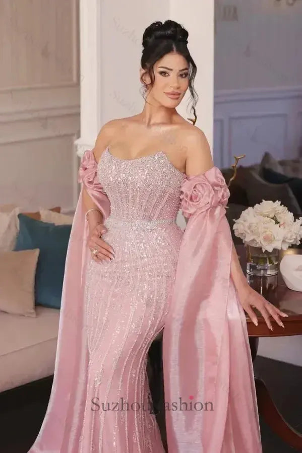 Suzhoufashion Strapless Formal Dress Pink Sheath/Column Beaded Prom Evening Gown