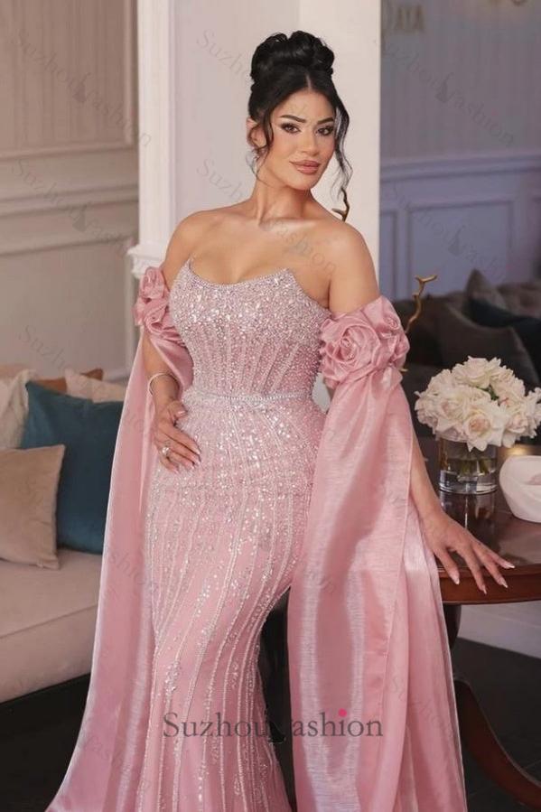 Suzhoufashion Strapless Formal Dress Pink Sheath/Column Beaded Prom Evening Gown