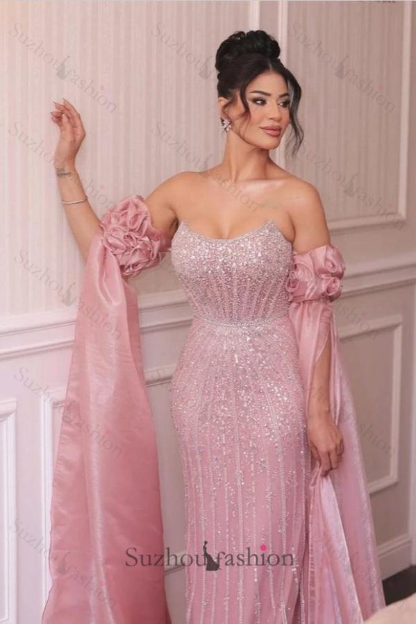 Suzhoufashion Strapless Formal Dress Pink Sheath/Column Beaded Prom Evening Gown